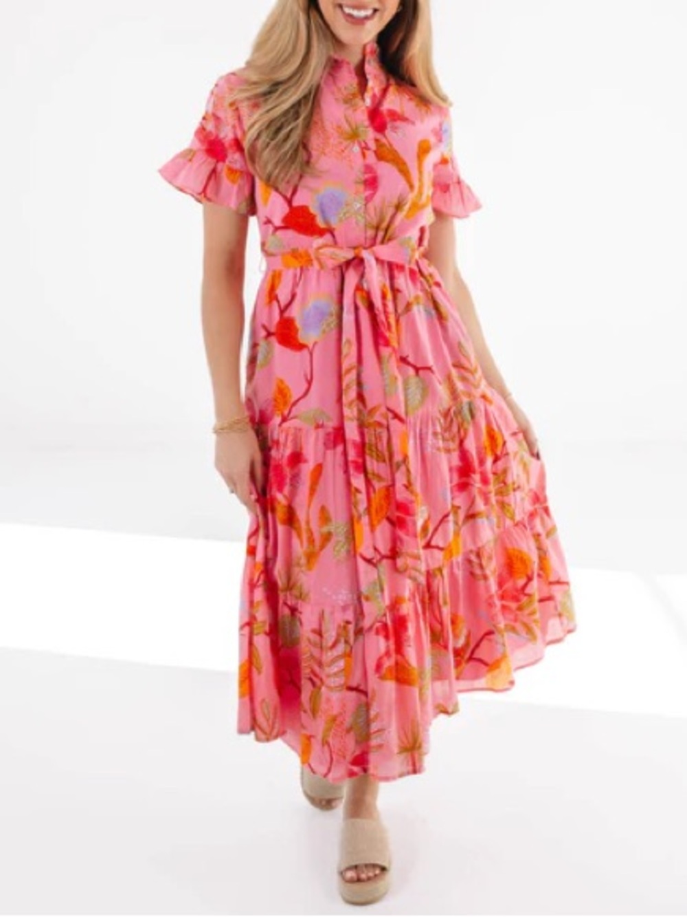 J. Marie Playa Maxi Dress Med Pink Tropical Palm Tiered Resort Vacation NWOT
